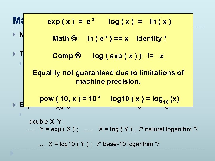 Math Library )<math. h> ( x ) exp ( x = e x log