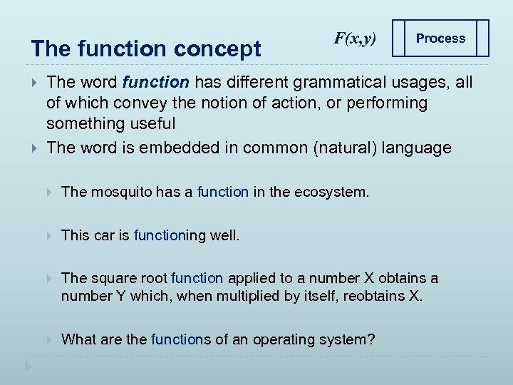 The function concept F(x, y) Process The word function has different grammatical usages, all