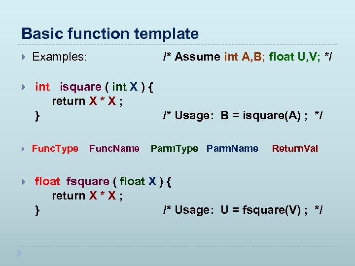 Basic function template Examples: /* Assume int A, B; float U, V; */ int