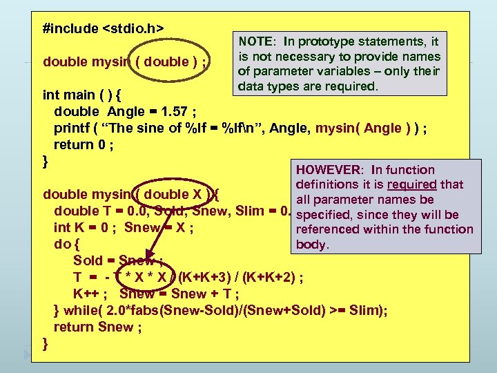 #include <stdio. h> NOTE: In prototype statements, Function Prototypes and Definitions it is not