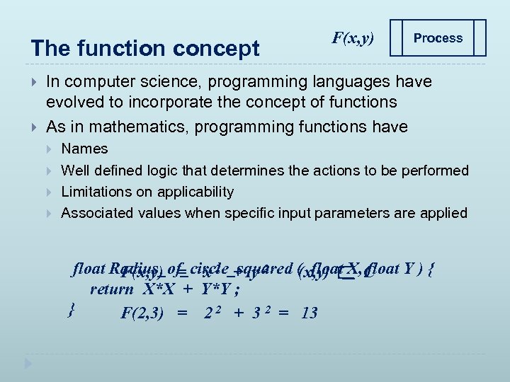 The function concept F(x, y) Process In computer science, programming languages have evolved to