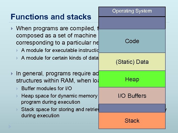 Functions and stacks When programs are compiled, the file created (a. out) is composed