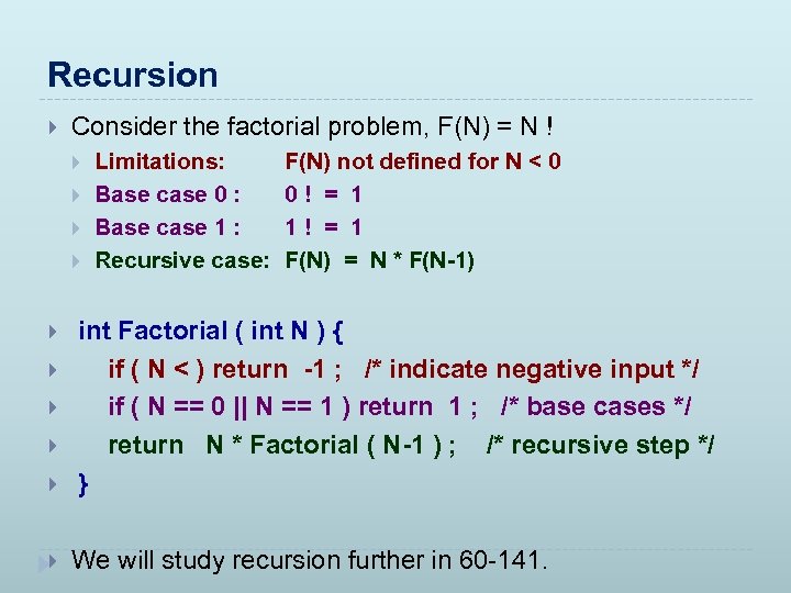 Recursion Consider the factorial problem, F(N) = N ! Limitations: Base case 0 :