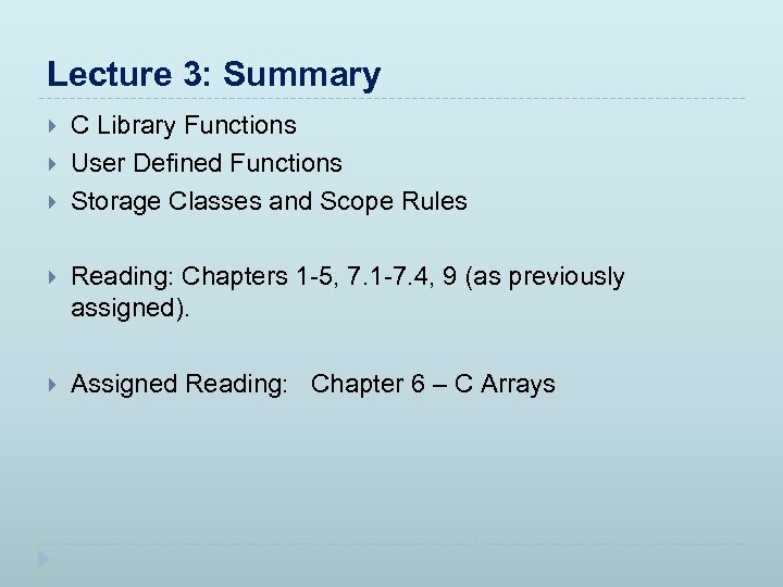 Lecture 3: Summary C Library Functions User Defined Functions Storage Classes and Scope Rules