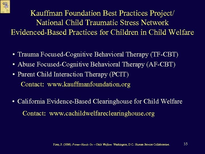 Kauffman Foundation Best Practices Project/ National Child Traumatic Stress Network Evidenced-Based Practices for Children