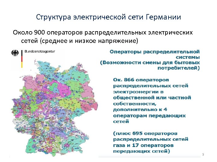 Структура электрической сети Германии Около 900 операторов распределительных электрических сетей (среднее и низкое напряжение)