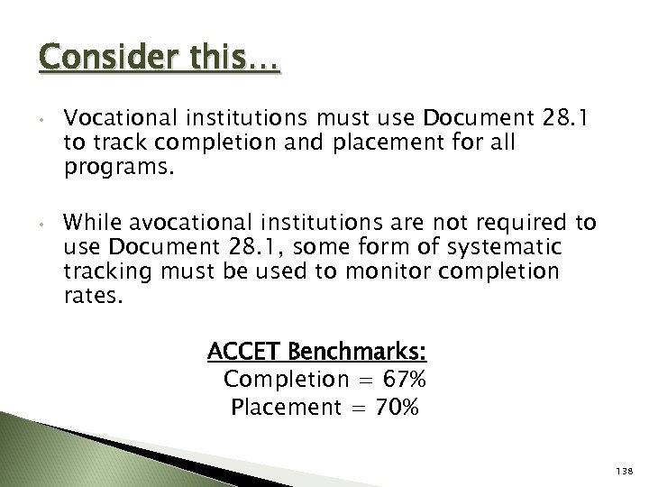 Consider this… • • Vocational institutions must use Document 28. 1 to track completion