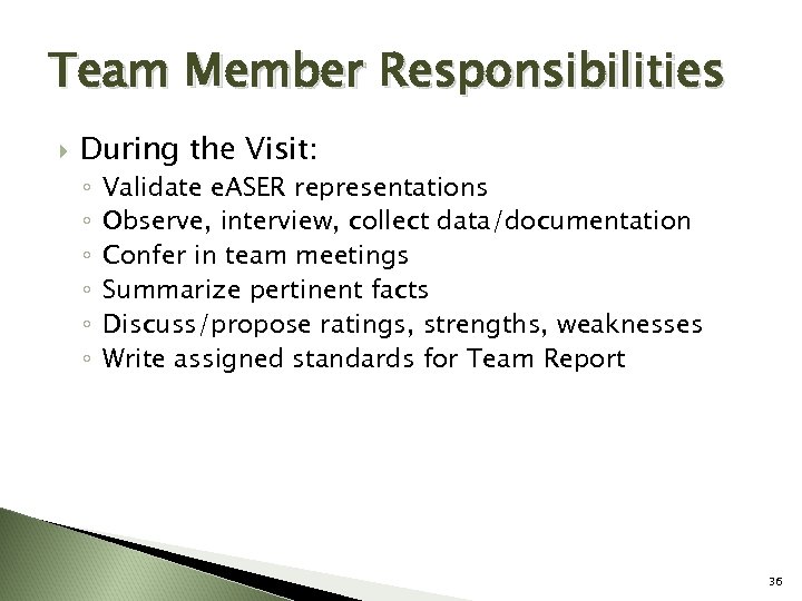 Team Member Responsibilities During the Visit: ◦ ◦ ◦ Validate e. ASER representations Observe,