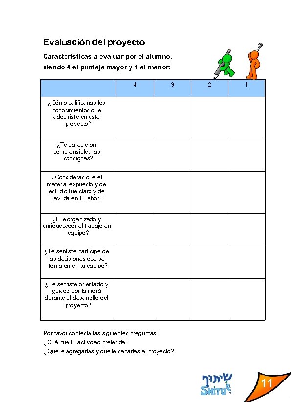 Evaluación del proyecto Características a evaluar por el alumno, siendo 4 el puntaje mayor