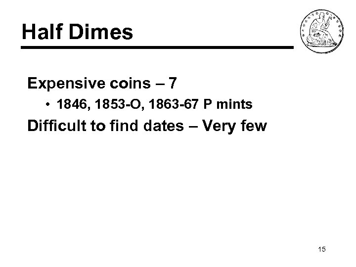 Half Dimes Expensive coins – 7 • 1846, 1853 -O, 1863 -67 P mints