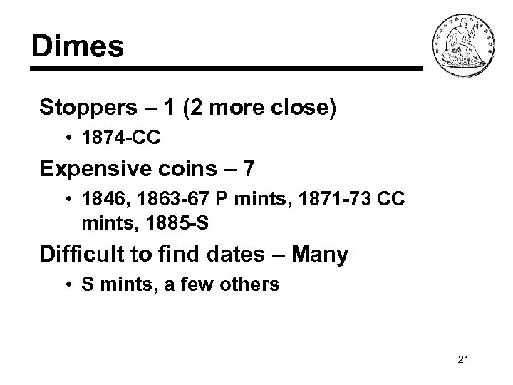 Dimes Stoppers – 1 (2 more close) • 1874 -CC Expensive coins – 7