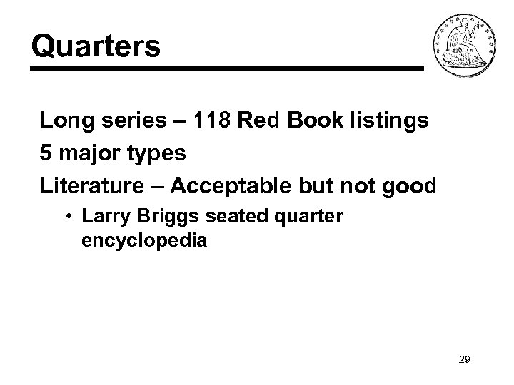 Quarters Long series – 118 Red Book listings 5 major types Literature – Acceptable