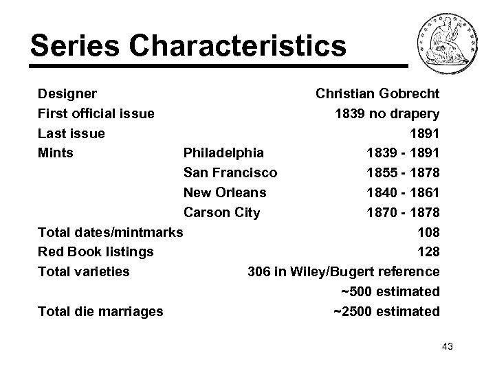 Series Characteristics Designer First official issue Last issue Mints Christian Gobrecht 1839 no drapery