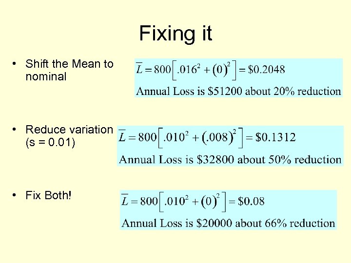 Fixing it • Shift the Mean to nominal • Reduce variation (s = 0.