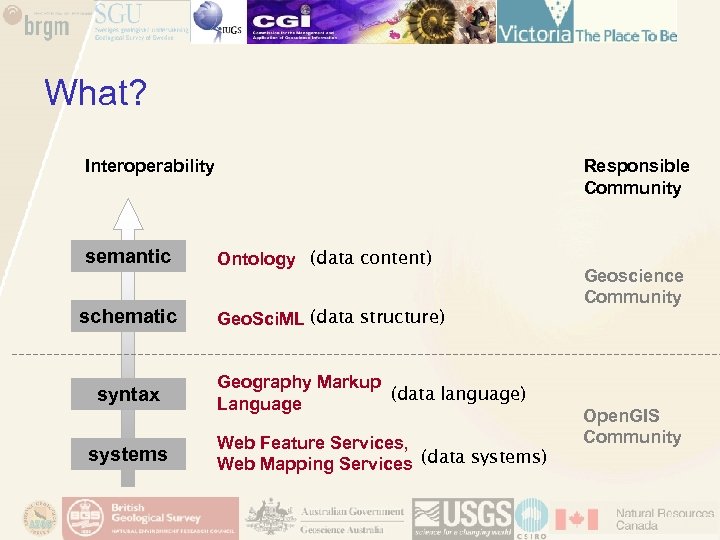 What? Interoperability semantic schematic syntax systems Responsible Community Ontology (data content) Geo. Sci. ML