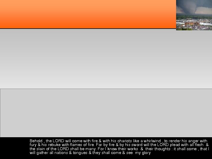 Behold , the LORD will come with fire & with his chariots like a