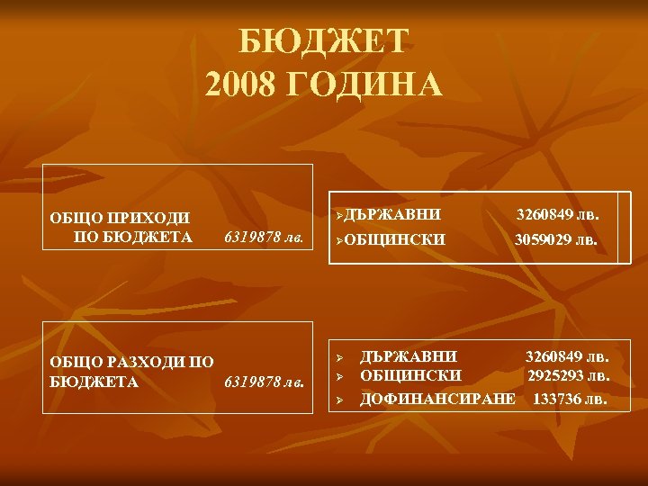 БЮДЖЕТ 2008 ГОДИНА ОБЩО ПРИХОДИ ПО БЮДЖЕТА 3260849 лв. ØДЪРЖАВНИ 6319878 лв. ОБЩО РАЗХОДИ