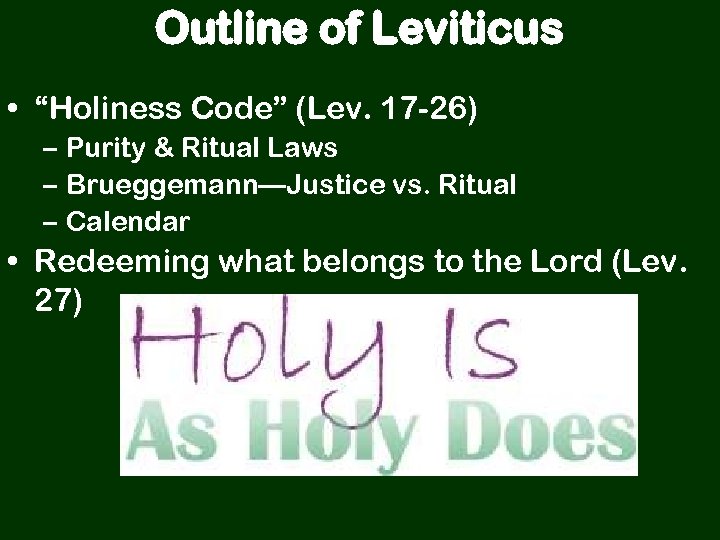 Outline of Leviticus • “Holiness Code” (Lev. 17 -26) – Purity & Ritual Laws