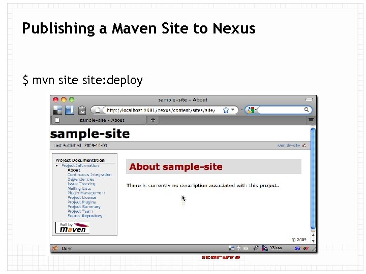 Publishing a Maven Site to Nexus $ mvn site: deploy 