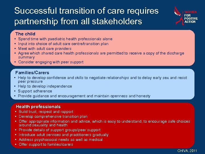 Successful transition of care requires partnership from all stakeholders The child • • Spend