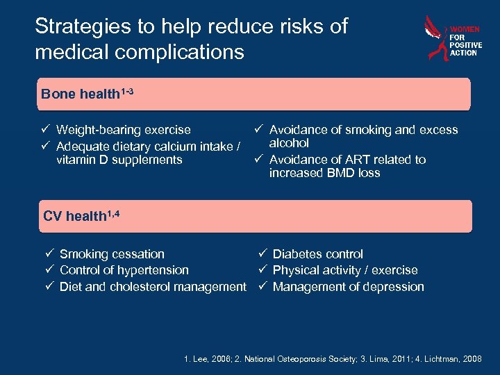 Strategies to help reduce risks of medical complications Bone health 1 -3 ü Weight-bearing