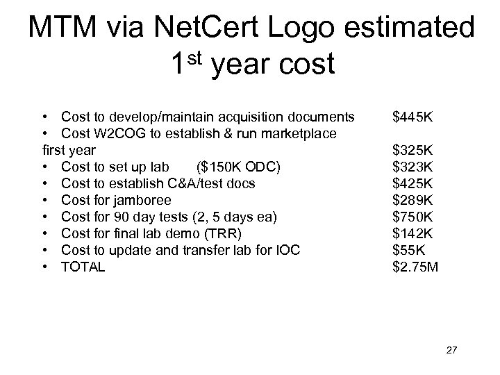 MTM via Net. Cert Logo estimated 1 st year cost • Cost to develop/maintain