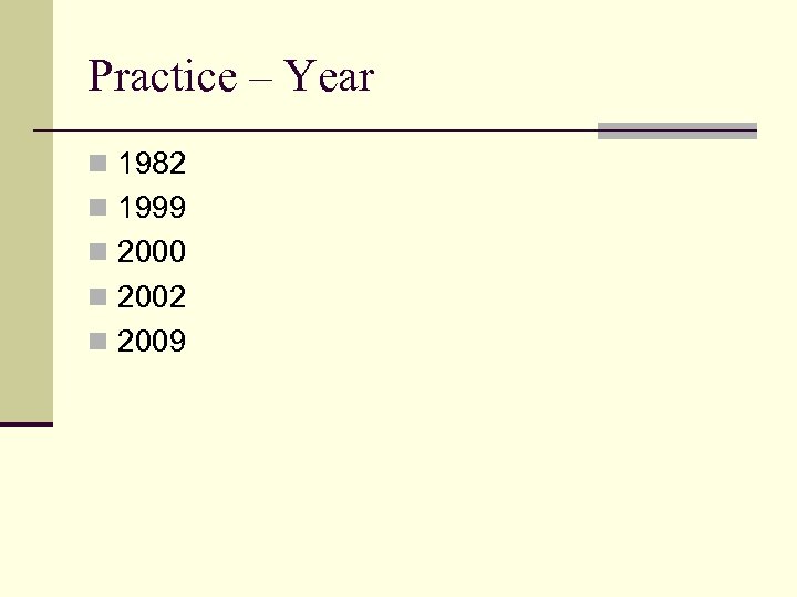Practice – Year n 1982 n 1999 n 2000 n 2002 n 2009 