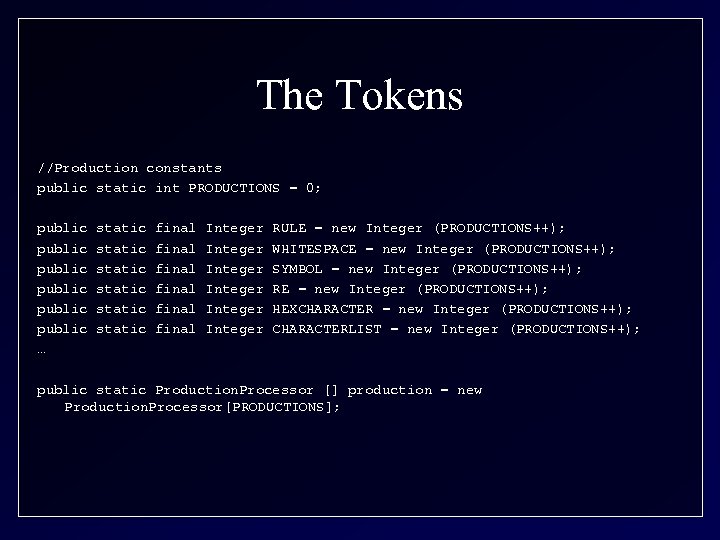 The Tokens //Production constants public static int PRODUCTIONS = 0; public public … static