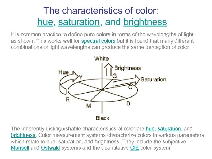  The characteristics of color: hue, saturation, and brightness It is common practice to