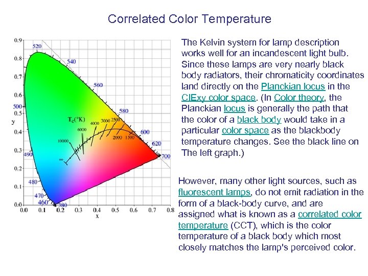 Correlated Color Temperature The Kelvin system for lamp description works well for an incandescent
