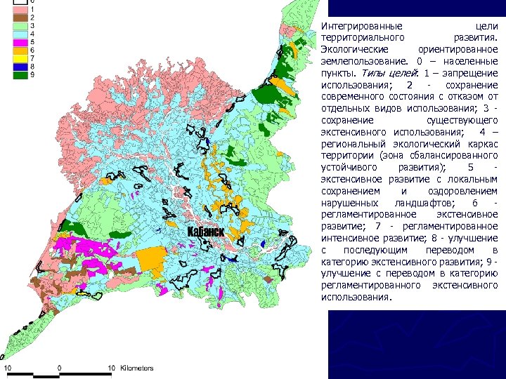 Интегрированные цели территориального развития. Экологические ориентированное землепользование. 0 – населенные пункты. Типы целей: 1