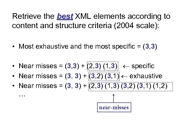 Retrieve the best XML elements according to content and structure criteria (2004 scale): •