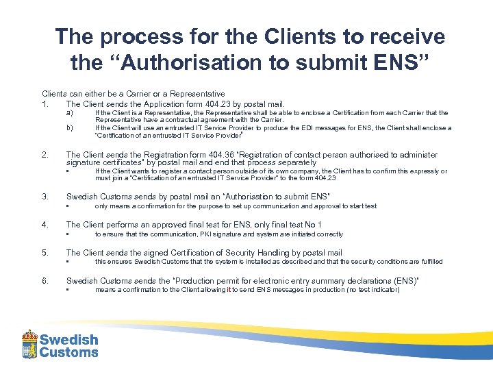 The process for the Clients to receive the “Authorisation to submit ENS” Clients can