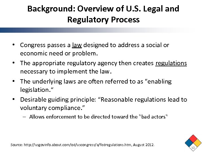 Background: Overview of U. S. Legal and Regulatory Process • Congress passes a law