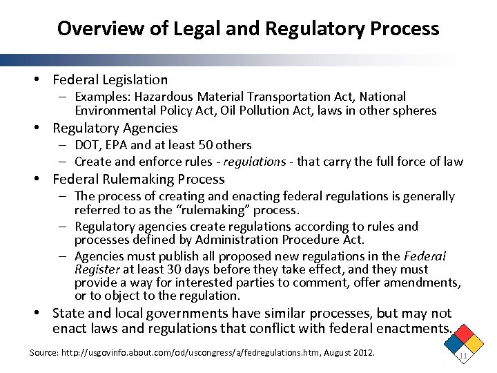 Overview of Legal and Regulatory Process • Federal Legislation – Examples: Hazardous Material Transportation