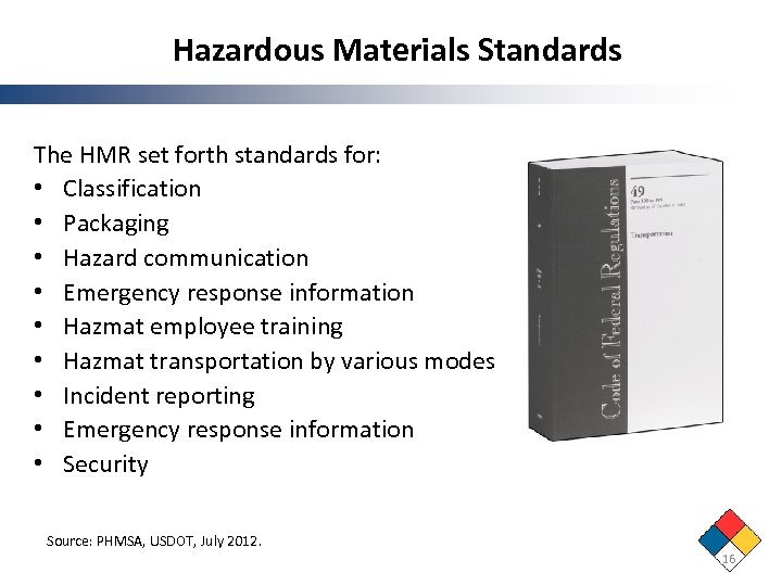 Hazardous Materials Standards The HMR set forth standards for: • Classification • Packaging •