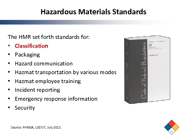 Hazardous Materials Standards The HMR set forth standards for: • Classification • Packaging •