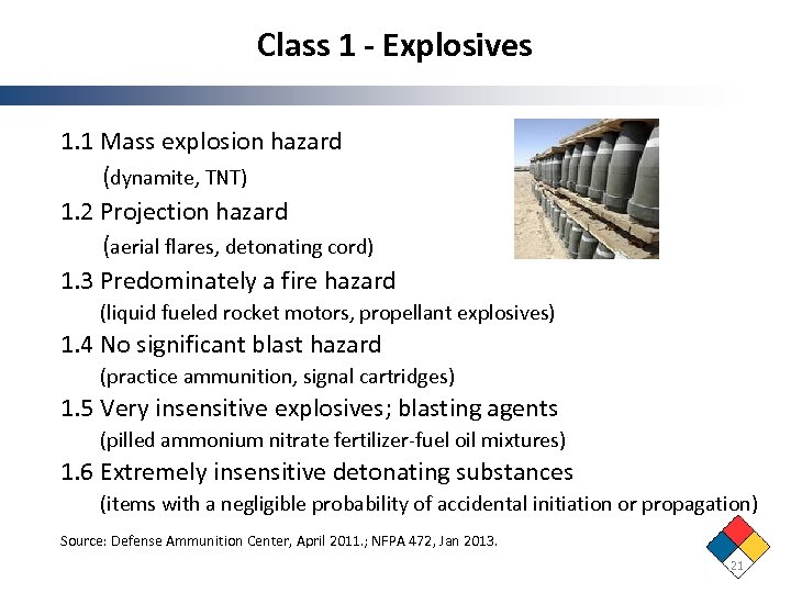 Class 1 - Explosives 1. 1 Mass explosion hazard (dynamite, TNT) 1. 2 Projection