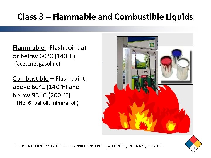 Class 3 – Flammable and Combustible Liquids Flammable - Flashpoint at or below 60