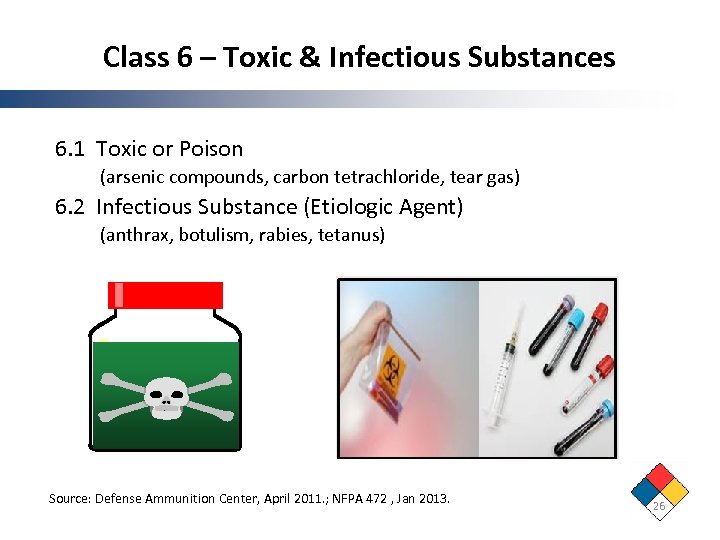 Class 6 – Toxic & Infectious Substances 6. 1 Toxic or Poison (arsenic compounds,