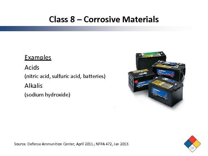 Class 8 – Corrosive Materials Examples Acids (nitric acid, sulfuric acid, batteries) Alkalis (sodium