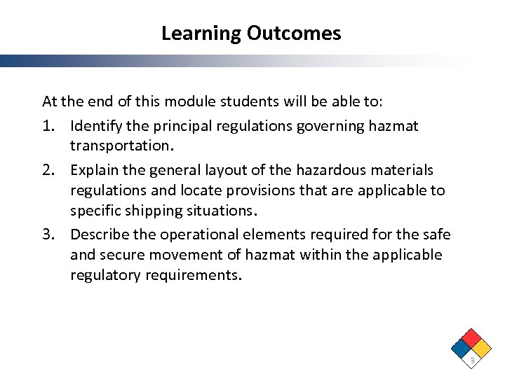 Learning Outcomes At the end of this module students will be able to: 1.