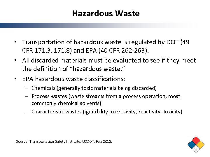 Hazardous Waste • Transportation of hazardous waste is regulated by DOT (49 CFR 171.