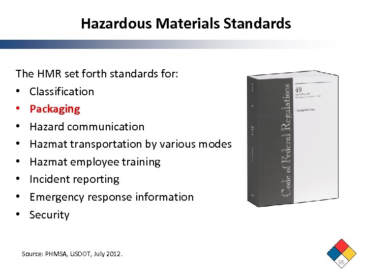 Hazardous Materials Standards The HMR set forth standards for: • Classification • Packaging •