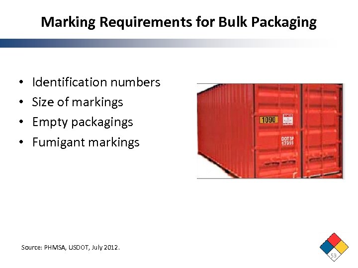 Marking Requirements for Bulk Packaging • • Identification numbers Size of markings Empty packagings