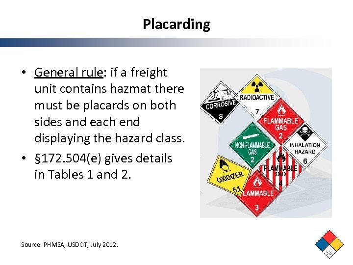 Placarding • General rule: if a freight unit contains hazmat there must be placards