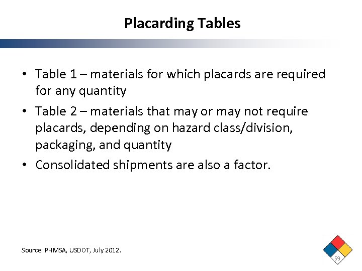 Placarding Tables • Table 1 – materials for which placards are required for any