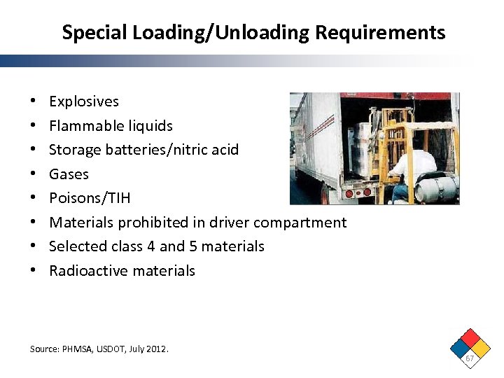 Special Loading/Unloading Requirements • • Explosives Flammable liquids Storage batteries/nitric acid Gases Poisons/TIH Materials