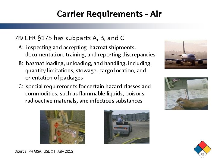 Carrier Requirements - Air 49 CFR § 175 has subparts A, B, and C