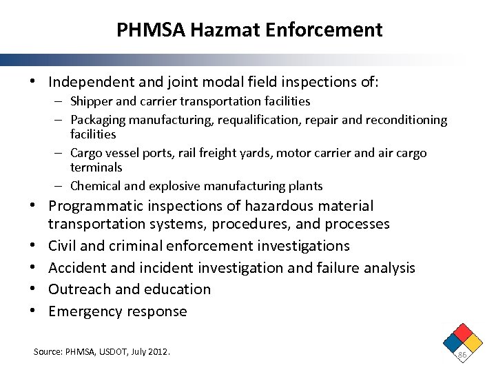 PHMSA Hazmat Enforcement • Independent and joint modal field inspections of: – Shipper and